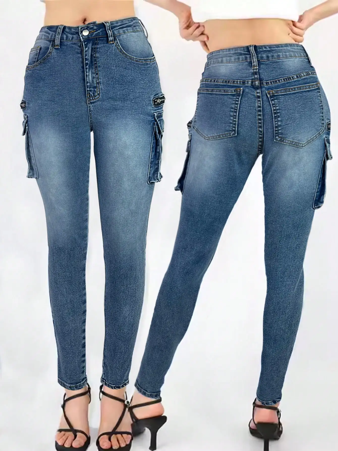

Уличная одежда StylFit Vintage Wash e Женские джинсы-карго скинни с высокой талией и несколькими карманами Эластичный джинсовый материал, тонкий