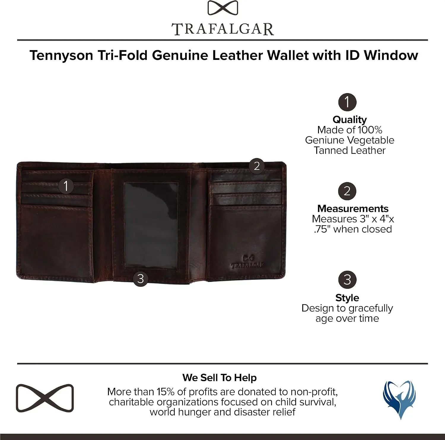 Men's Tennyson Tri-Fold Genuine Leather Wallet with ID Window, Brown