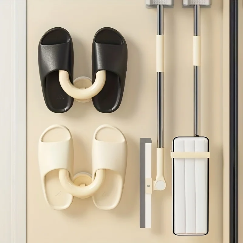 1 Stück Saugnapf-Schuhregal, wandmontierter Slipper-Organizer für Badezimmer und Dusche, praktischer Slipper-Haken, Schwarz und Weiß – Detail 2