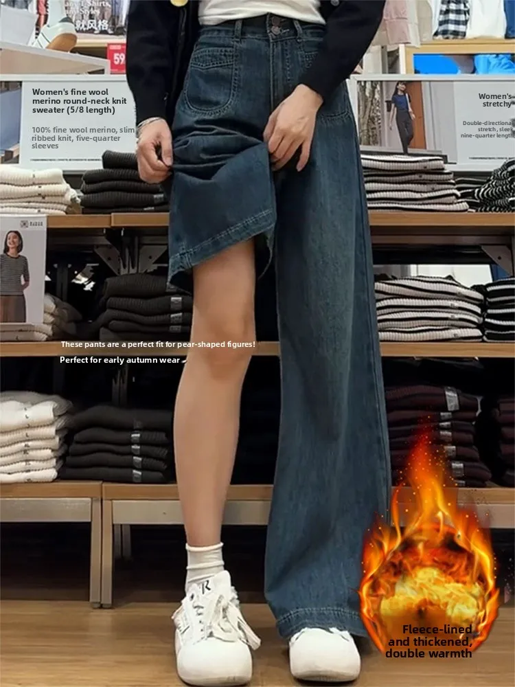 Jeans a gamba dritta foderati in Fce americano vintage taglie forti Pantaloni da donna autunno inverno larghi a vita alta dimagranti