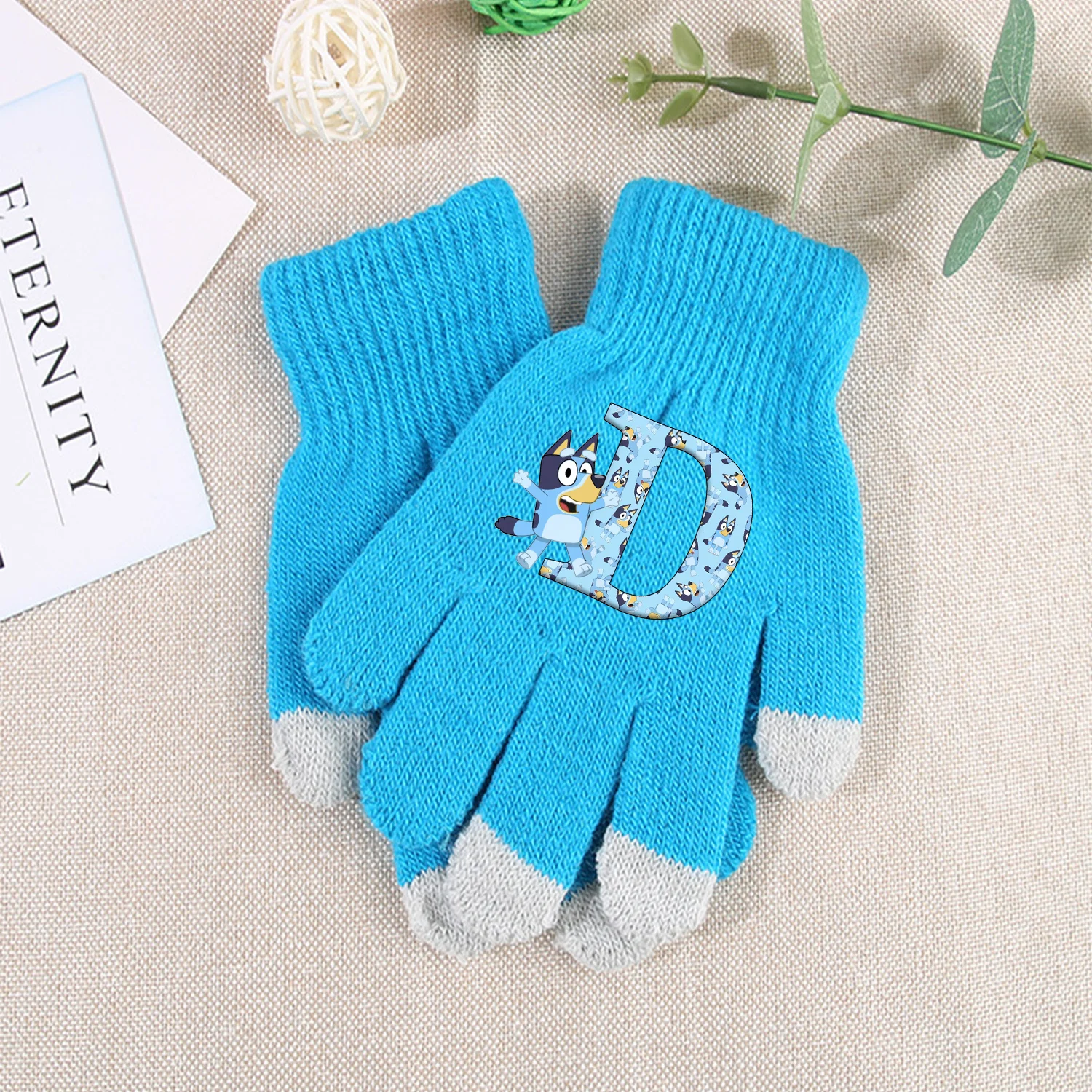 Blueys Gebreide Handschoenen Kinderen Letter A-Z Tastbaar Scherm Handschoen Leuke Cartoon Anime Winter Warme Kleding Accessoires Kinderen Cadeau