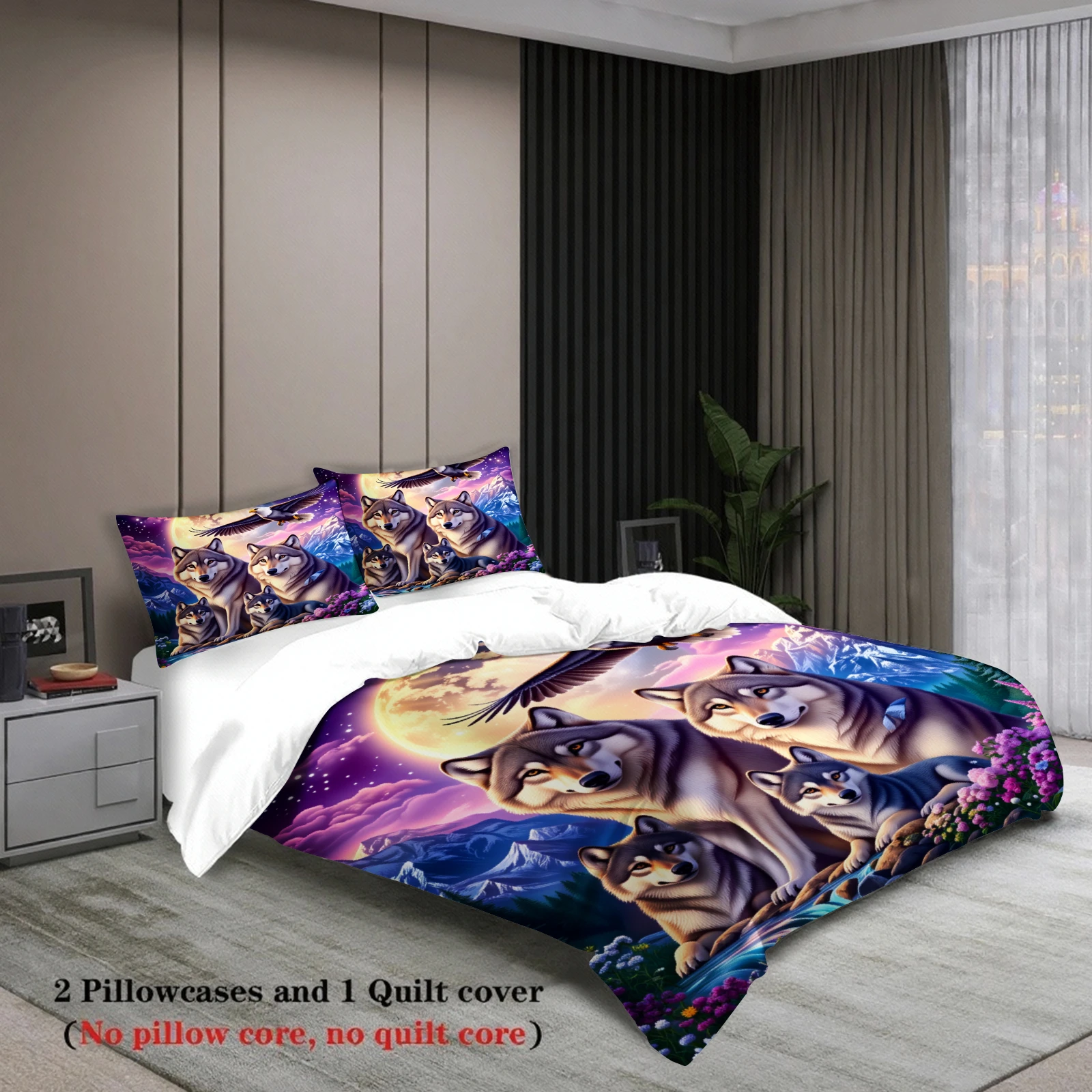 3pcs Wolf And Eagle Bedding Sets 3D Printed Animal Pattern Breathable Durable Duvet Cover Sets With Pillowcases No Filling