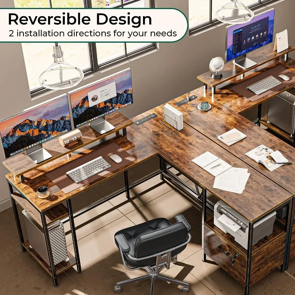 Reversible Computer Desk With File Cabinet & Storage Shelves L Shaped Computer Desk With Power Outlets & LED Lights Freight Free