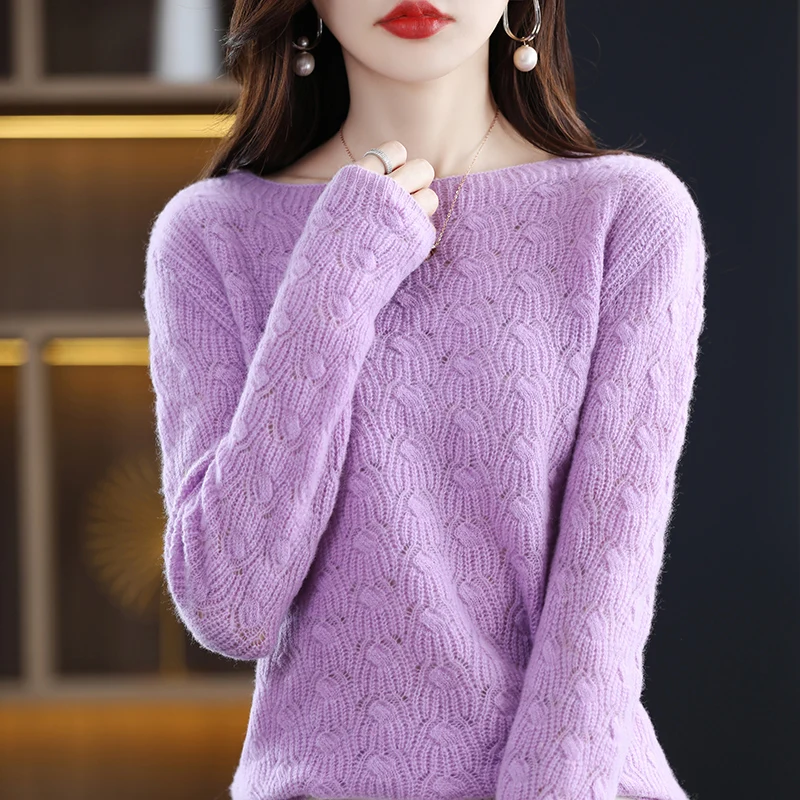 One Word Collar Hollow Languid Lazy Wind Pure Wool Long-Sleeved Sweater For Women Autumn New Pullover Knitted Cashmere Sweater