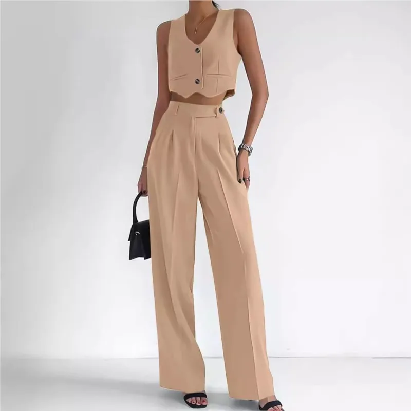 Elegant Two Piece Sets for Women Summer Buttoned Vest High Waist Wide Straight Leg Pants Set Office Lady Commuting Streetwear