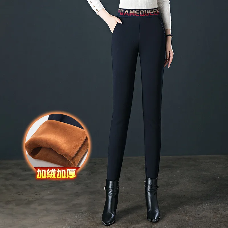 Middle-Aged Elderly Women's Pants Trousers Add Velvet Padded Leggings Autumn Winter High-Waist Tight-Fitting Pencil Pants 2023