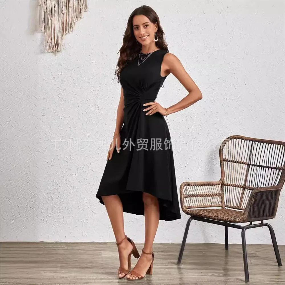 

Elegant Ladies Slim Irregular Large Swing Dress 2024 Women Summer New Fashion Sleeveless Solid Color A-line Pleated Dress Femme