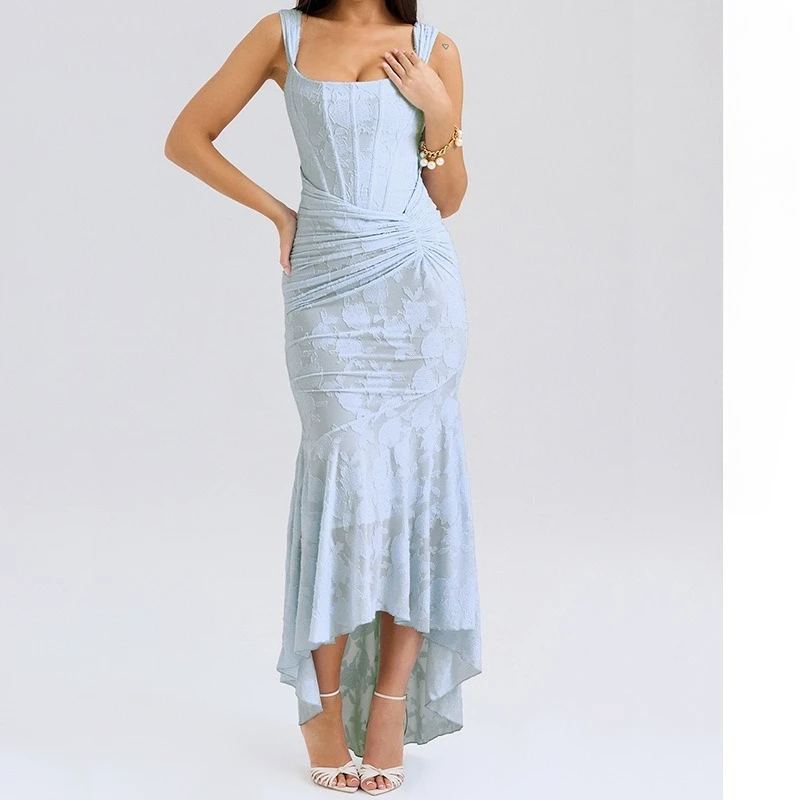 

Summer Sleeveless Pleated Maxi Dresses for Women European and American Elegant Bodycon Evening Dress Hem Birthday Party Dresses
