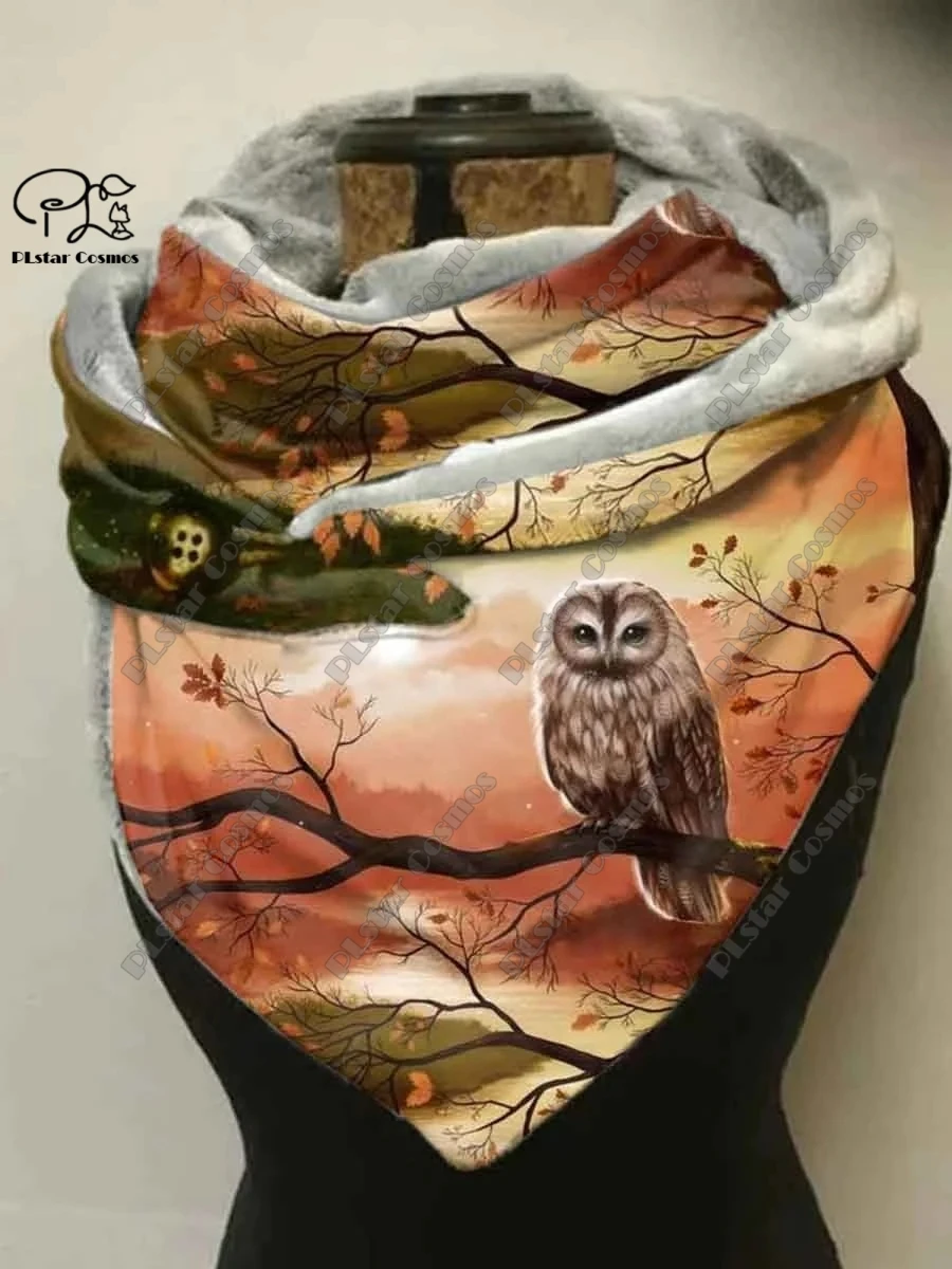 3D printed animal series cute owl funny pattern female warm shawl spring and winter small triangle scarf M-4