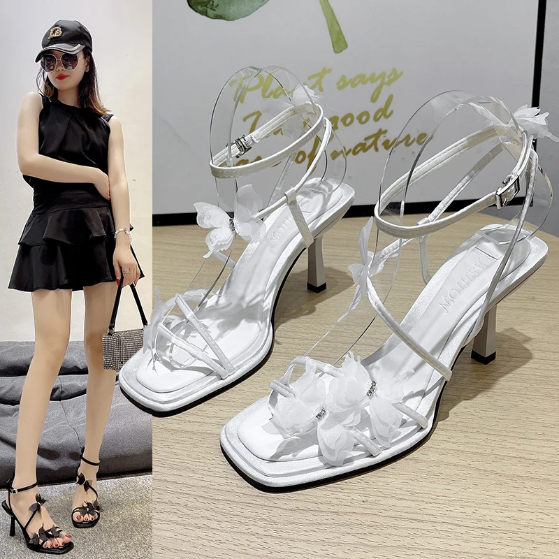 

Sexy Lace Bowknot Stiletto High Heels Sandals Women Summer Square Open Toe Ankle Strap Dress Sandals Woman Elegant Party Shoes