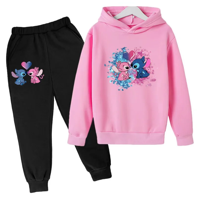 Pink Children Hoodie Stitch Cartoon Print Sweatshirt +Pants 2P Boys Girls Toddler age 3-12 Girls Clothes Pullover Sport Kids Set