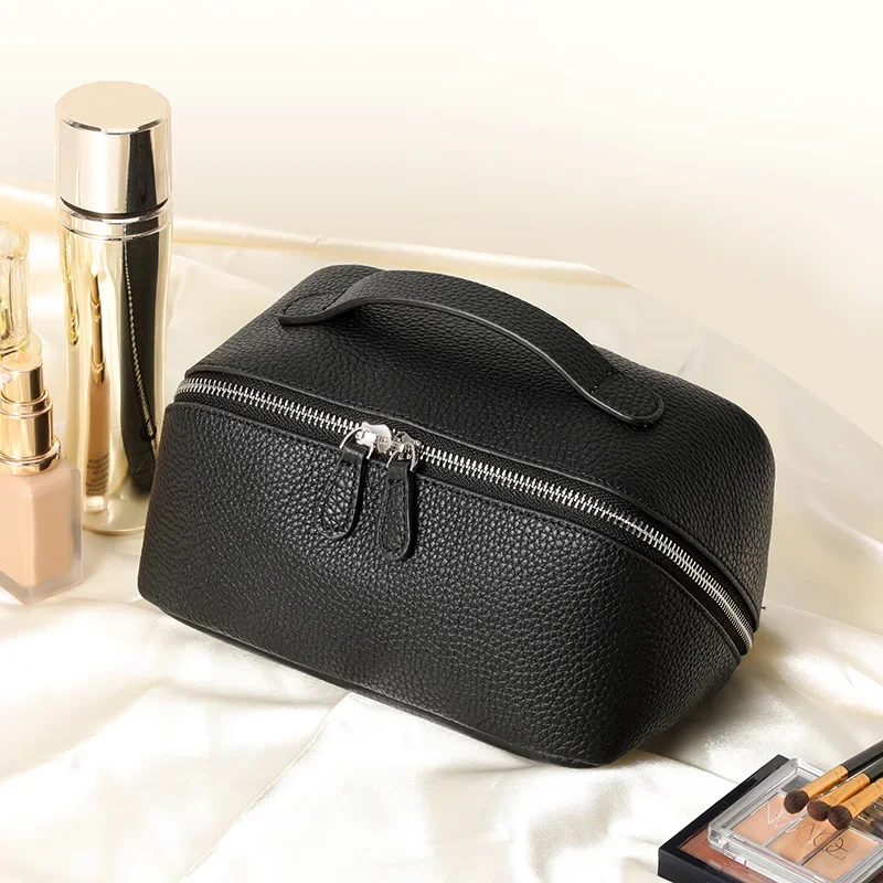Aidrani Simple Style Genuine Leather Cosmetic Bag for Women New Large Capacity Portable Travel Storage Bag Handheld Wash Bag