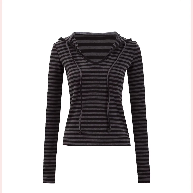 Design vintage casual listrado com capuz camada base moletom feminino 2026 primavera moda personalidade emagrecimento malha topo senhoras