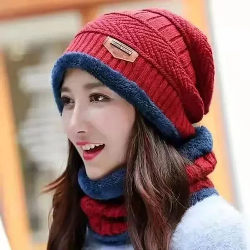 Winter Fleece Knitted Scarf Hats Plush Thick Velvet Warm Beanies Wool Knit Cap Men Women Cycling Cold Protection Neck Mask Cap