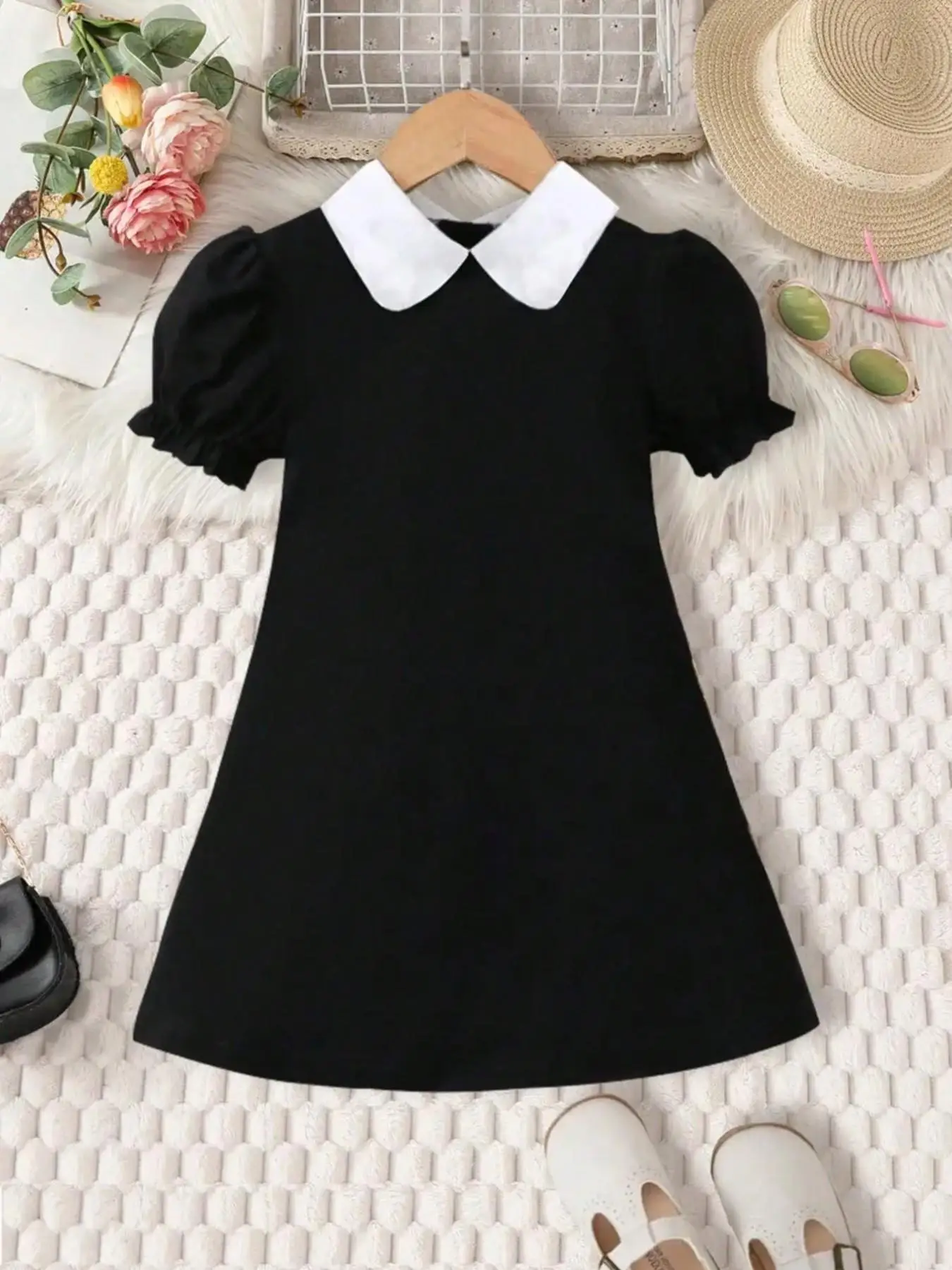 Girls' Princess Style Peter Pan Collar Bubble Sleeve Dress with Ruffled Sleeves A-Line Casual School Party Dress