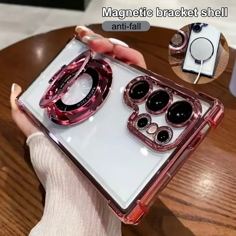 Luxury Magnetic Plating Stand Shockproof Clear Case For Samsung  S25 S24 Ultra S23 S22  20 10 Plus  Acrylic Back Cover