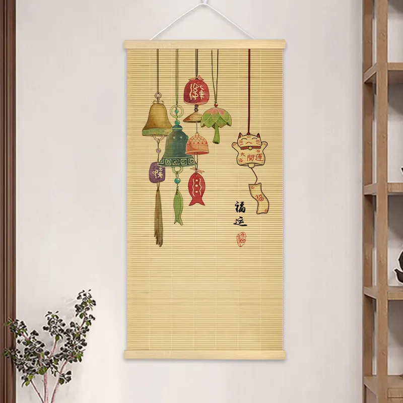 Home Decor Japanese Style Lucky Cat Bamboo Scroll Wall Art Wind Chime Fu Character for Tea House Reading Corner Wabi Sabi