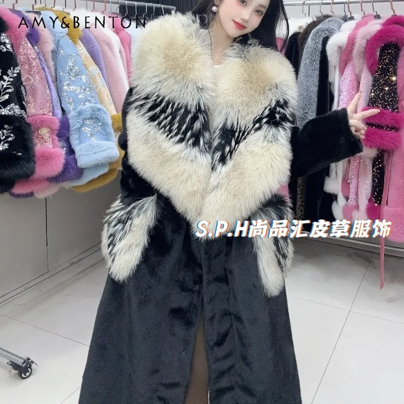 

New Leopard Print Extravagant Big Top Faux Fur Collar Jacket New Long Thickened Long Sleeved Loose Furry Coat Outwear For Women