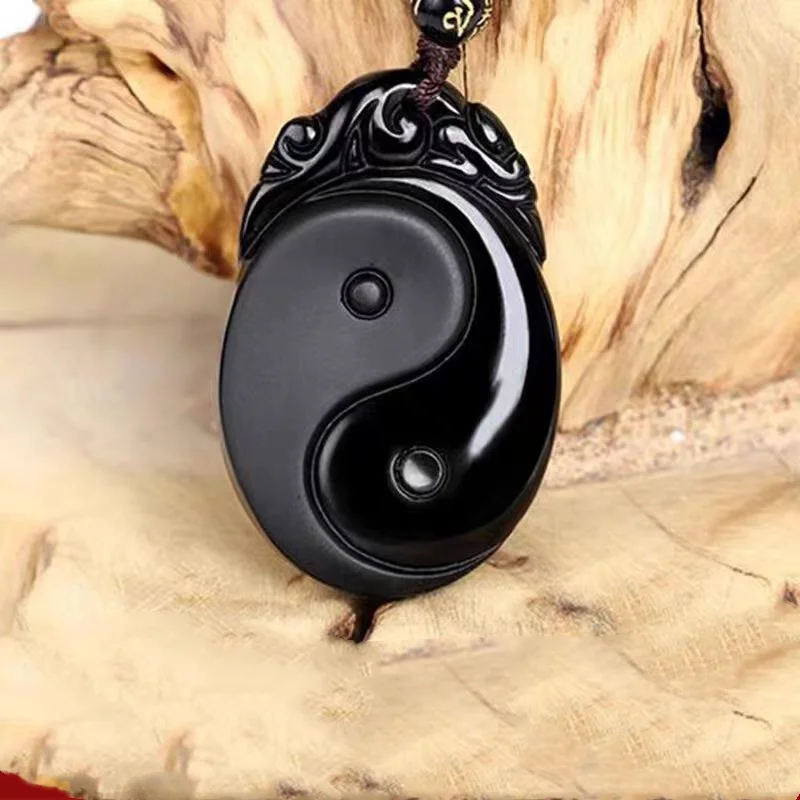 Natural Black Obsidian Carved Yin And Yang Bagua Necklace Pendant Fishes Pendant Necklace Jewelry