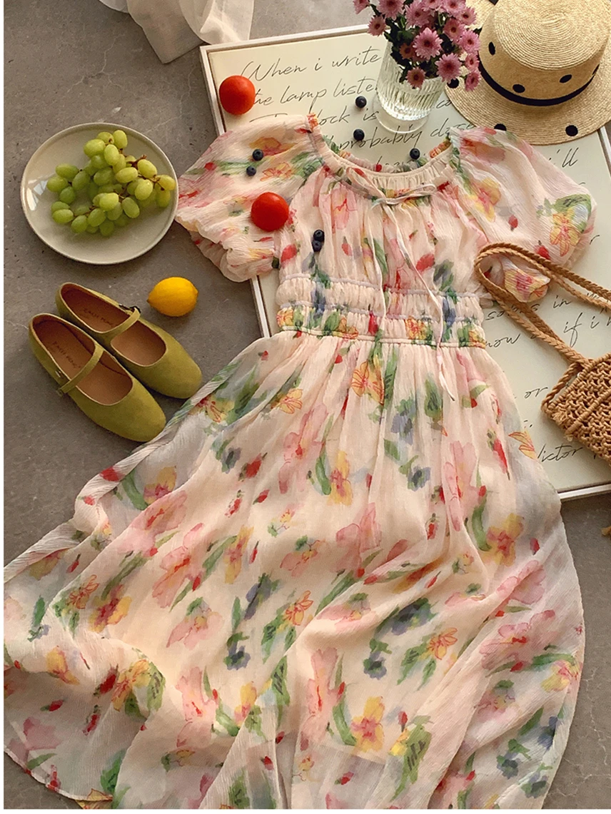 plus size Spring New Fashiom chic Flower print party dress Summer French palace stylepuff sleeved pleated printed dress S - 5XL