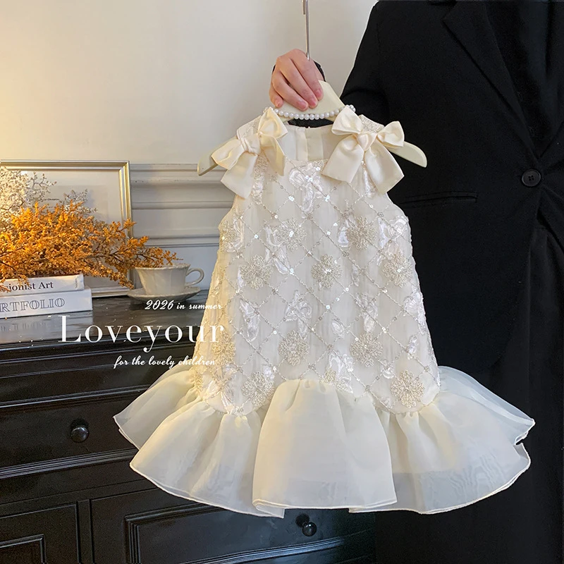 

Новое стильное платье для девочек без рукавов с пайетками и бантом в стиле принцессы