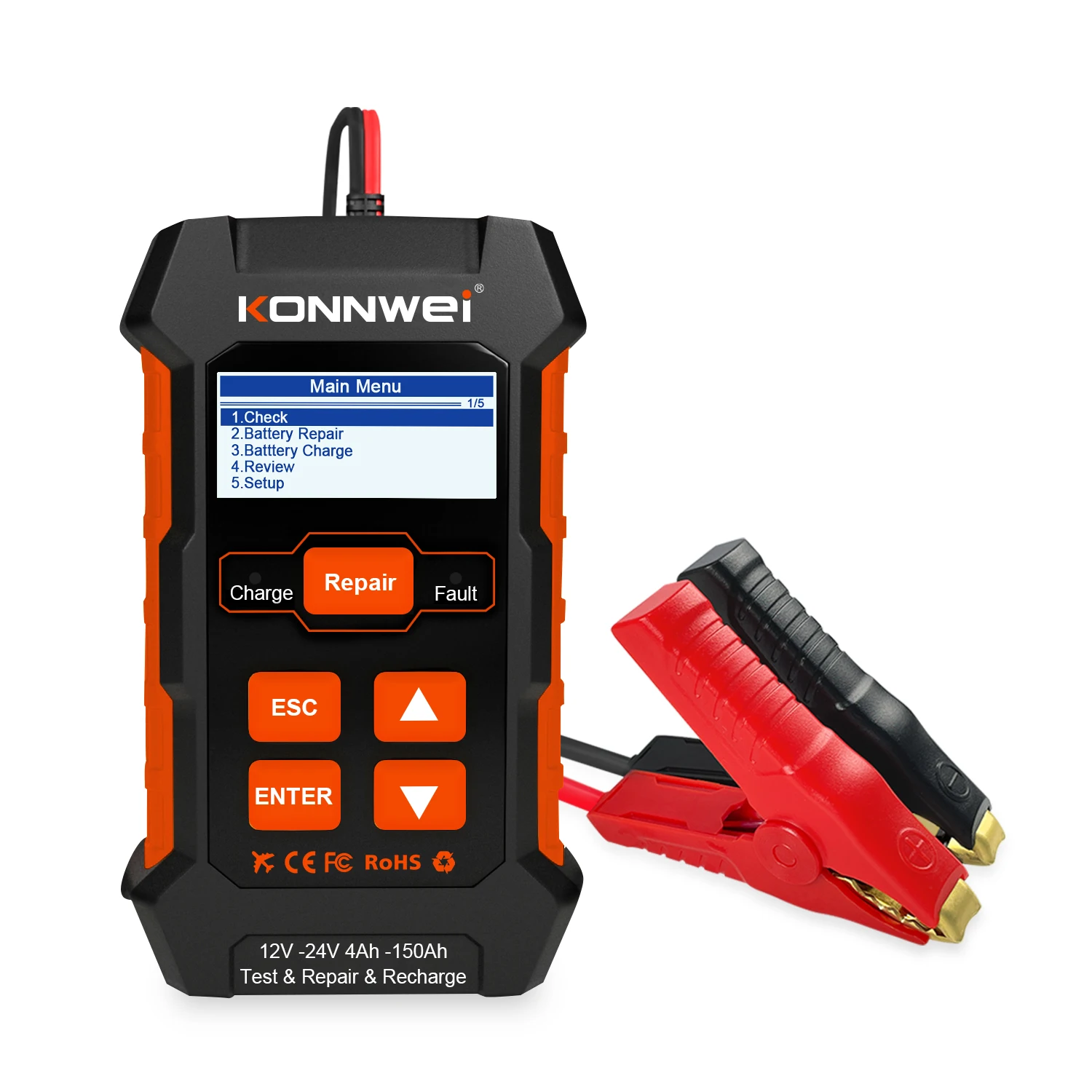 KONNWEI 12V-24V Car Battery Diagnostic Tool Voltage Testing Battery Pulse Repair 100-2000CCA Automotive Battery Charging Tool