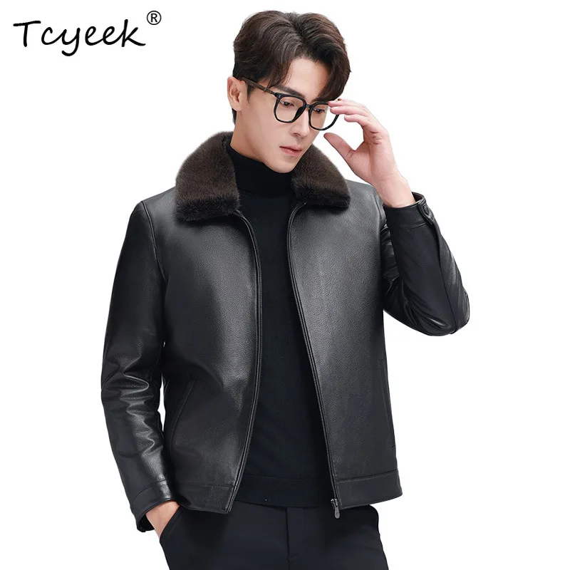 Tcyeek Top Layer Cowhide Real Leather Jacket Men Warm Goose Down Coat Winter Clothing Mink Fur Collar Men's Motocycle Jackets