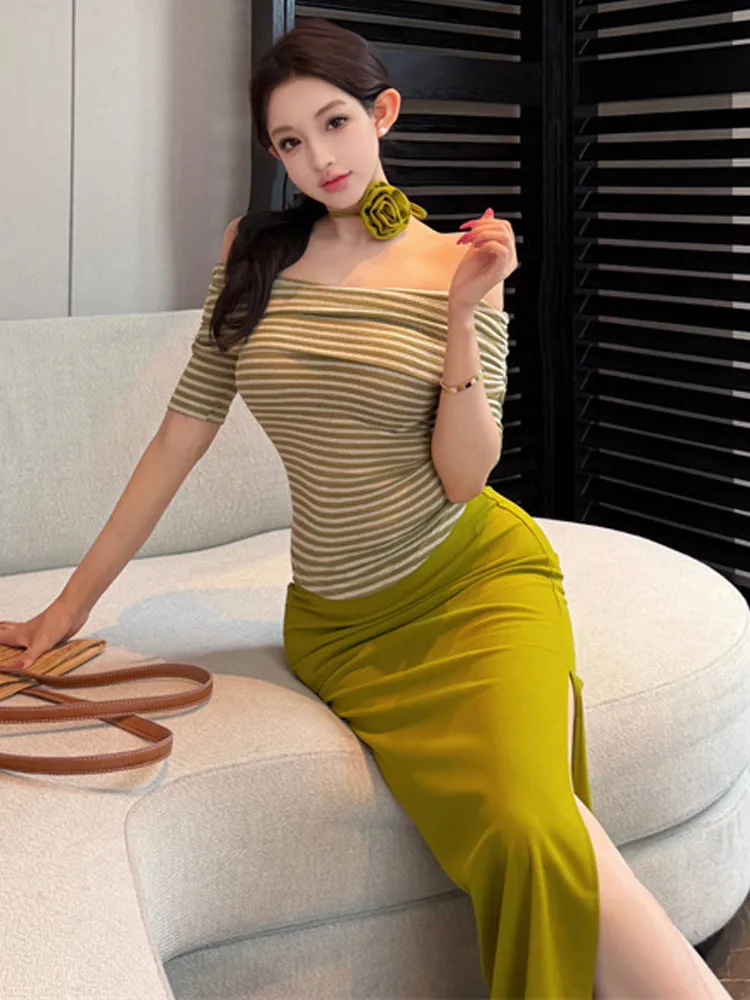Sexy Color Block Striped One Shoulder Slim Fit Head over Heels Set Elastic Skirt Tightening Slimming mid High Waist Skirt
