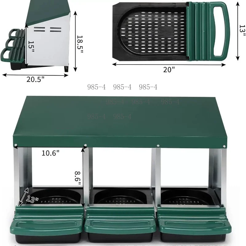 Metal Chicken Nest Box Coop, Three Compartments Roll Out Design with Perch and Cover