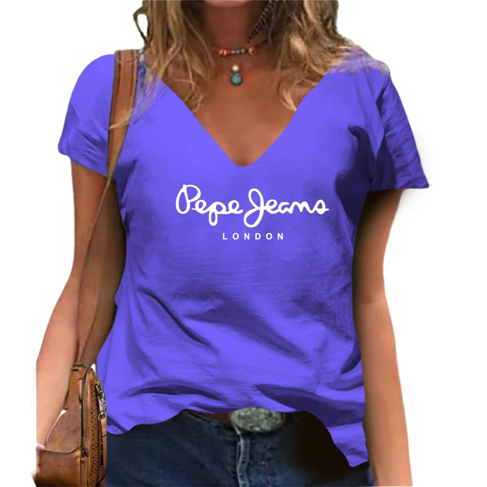 Damska koszulka T-shirt oversize z krótkim rękawem, gładka, z kwiatowym nadrukiem, dekolt w serek, letnia koszulka damska Y2K