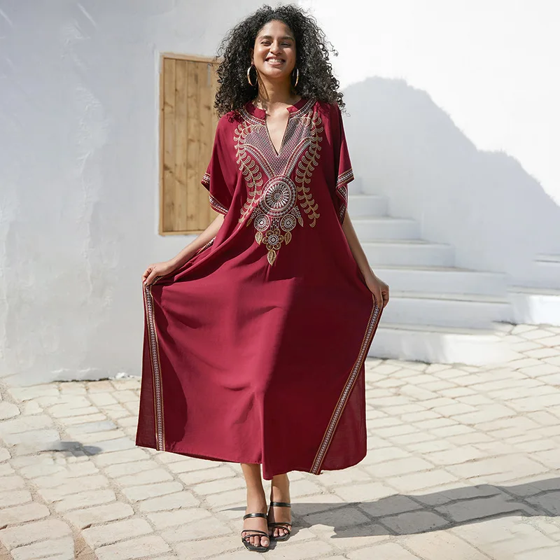 Swimsuit Cover Ups Embroidery V Neck Short Sleeve Swim Cover Up for Women Kaftan Dresses