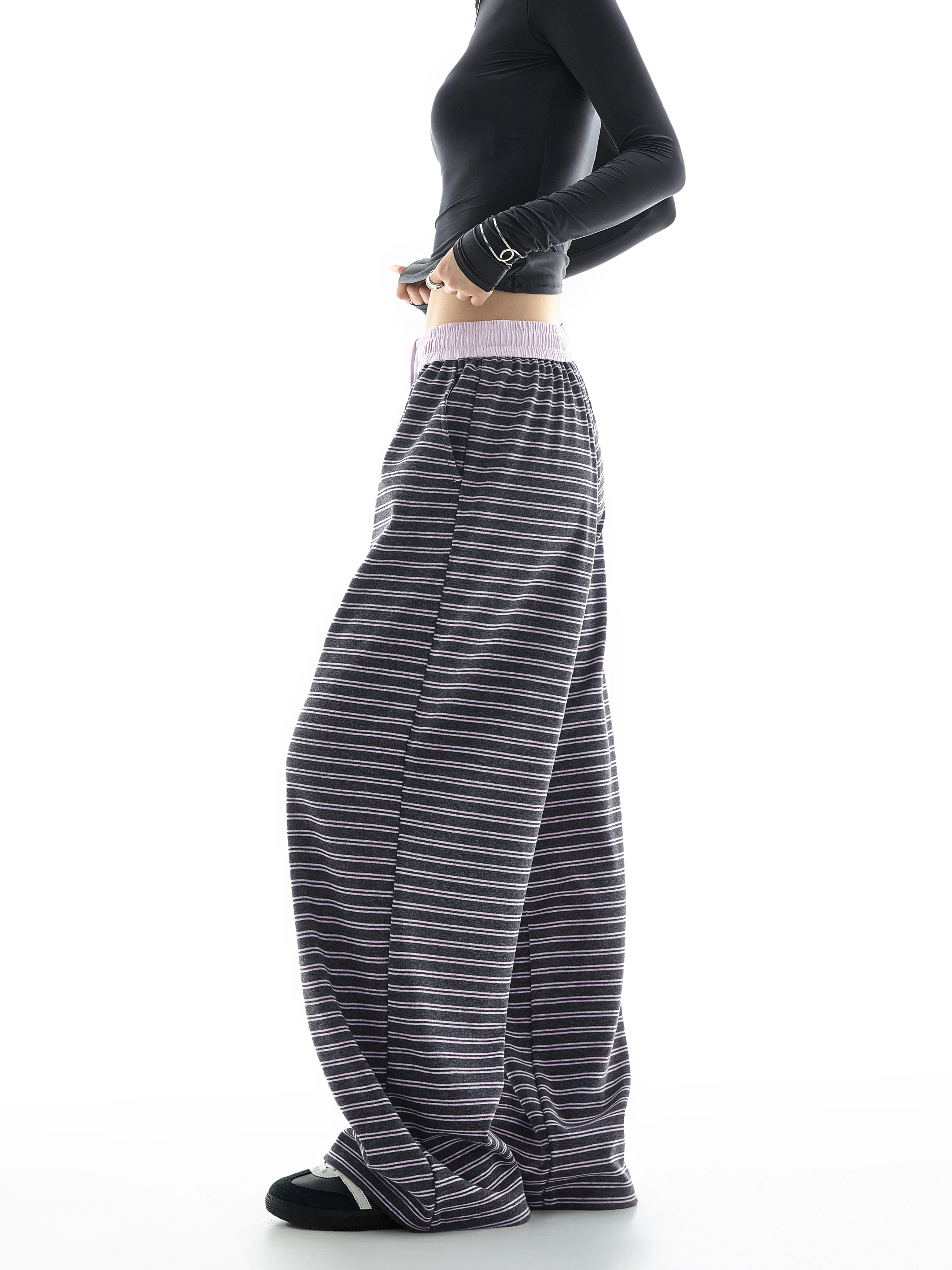 High Waist Striped Color Block Sporty Wide Leg Casual Pants for Women Straight Cut Autumn 2026 ICH MODE Office Wear