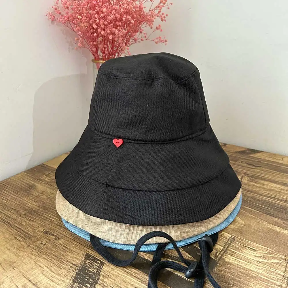 Foldable Sunscreen Fisherman Hats with Big Brim and Red Heart Pattern Japanese Style Sun Bucket Hats with Red Heart Embroidery