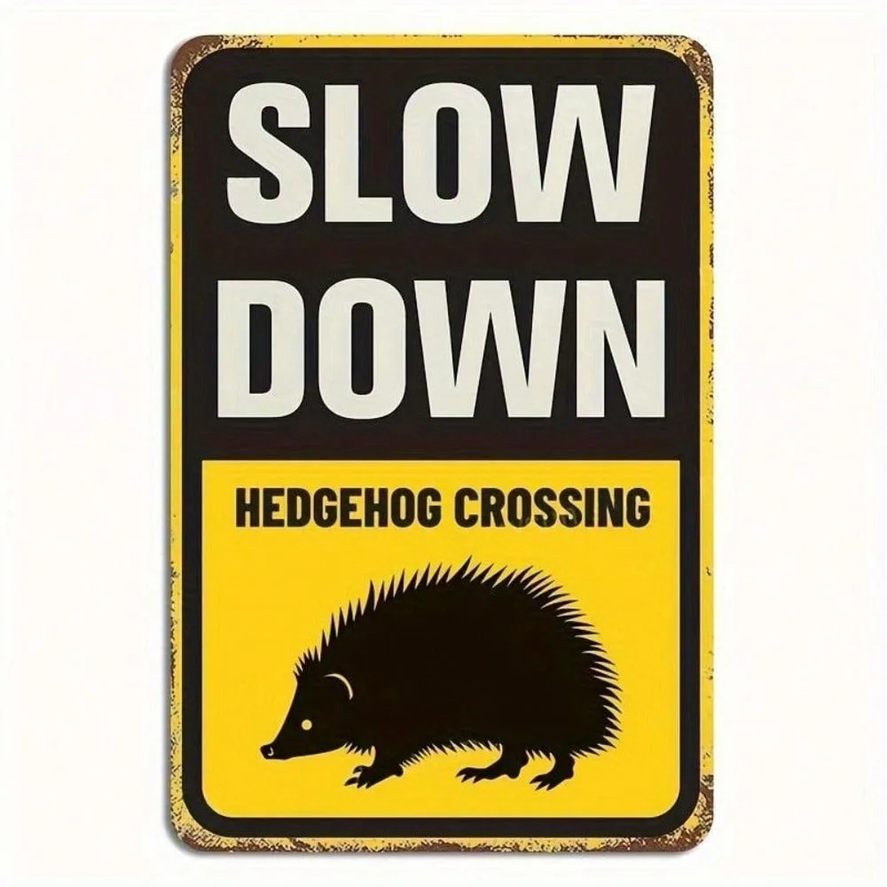Slow Down Hedgehog Crossing Sign Vintage Metal Decor Funny Garden Wall Art Yard Entry