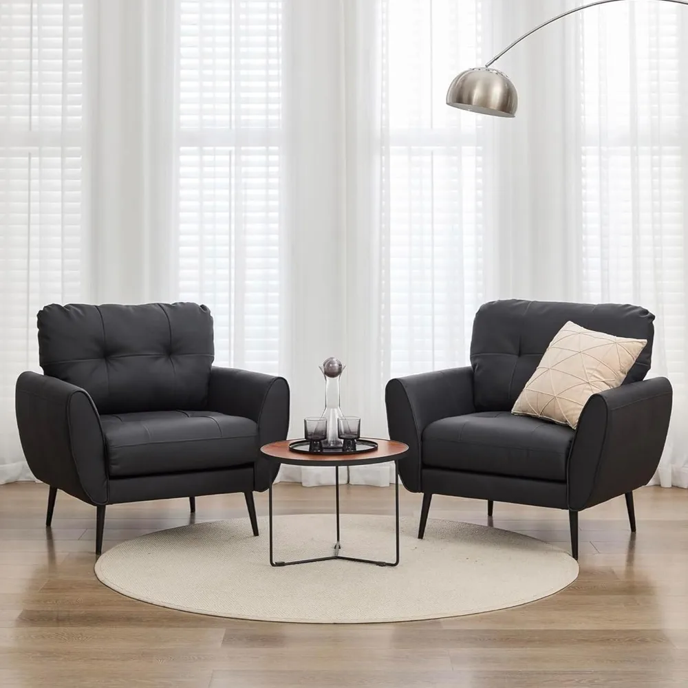 Accent Chairs Set of 2, Comfy Modern Living Room Chair Black Leather Reading Accent Chairs Tufted Mid Century Arm Chair Small S