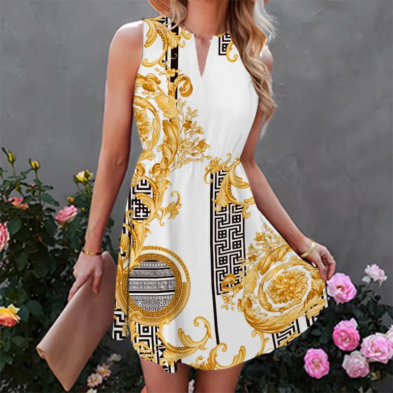 -Border European and American Women's Clothing 2022 Summer New Foreign TradeSleeveless Printed Dress Sh