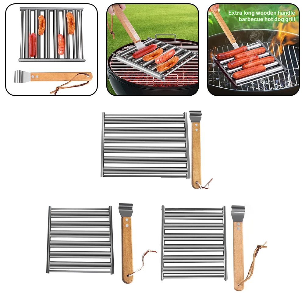 Removable Stainless Steel Sausage Rack BBQ Hot Dog Roller Grilling Tools Cooking Gift Sausage Roller Grill Rack Household Parts