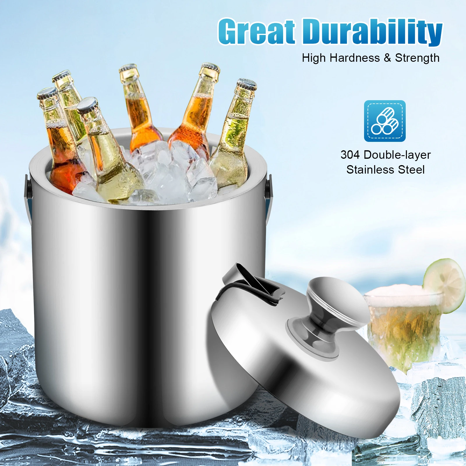 1.3L Double-Wall Insulated Ice Bucket Stainless Steel Ice Cube Beverage Container Silver w/Ice Tongs + Lid