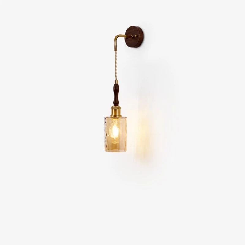 

Medieval light luxury wall lamp high-end glass bedroom bedside lamp walnut wood grain retro homestay hotel background wall lamp