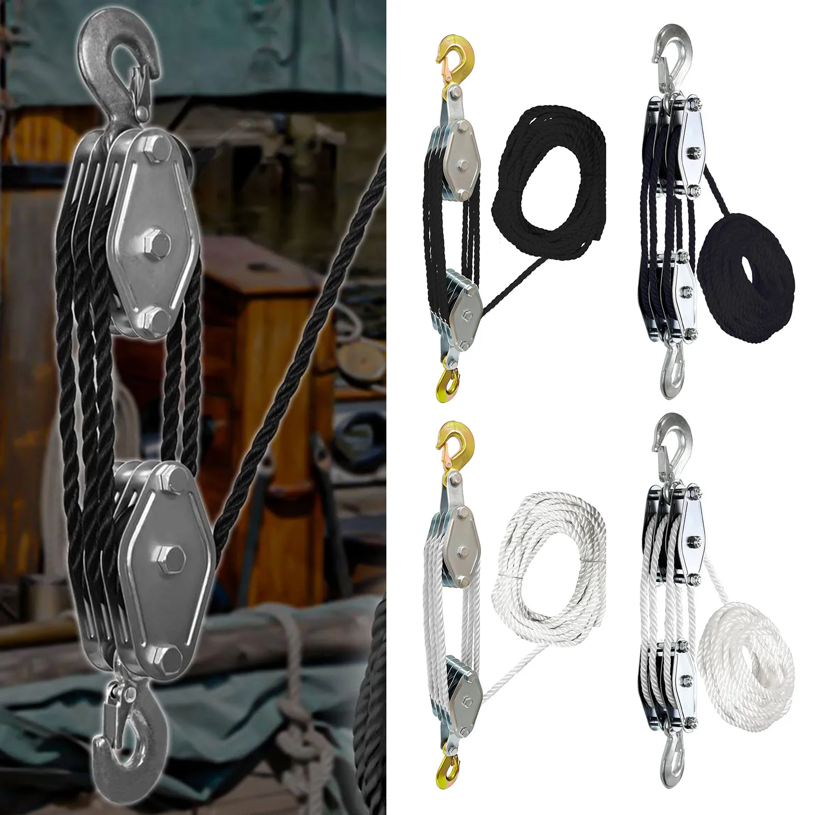 

Block and Tackle Pulley System, Rope Pulley Hoist with 4:1 Lifting Power, Multifunctional Heavy Duty Pulley System, 50 Ft, 3/8