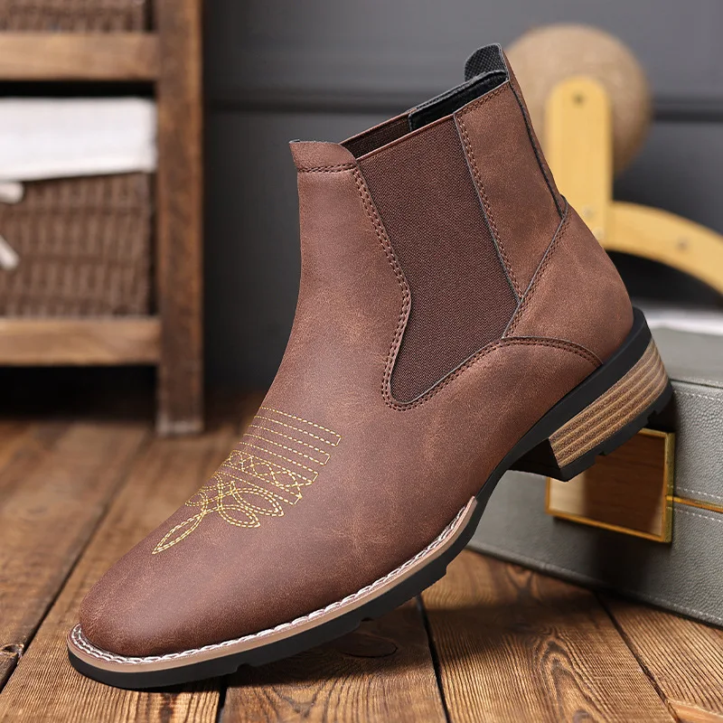 Retro Chelsea Boots Men Shoes PU Brown Embroidery Business Casual British Style Street Urban Wear Classic Black Ankle Boots