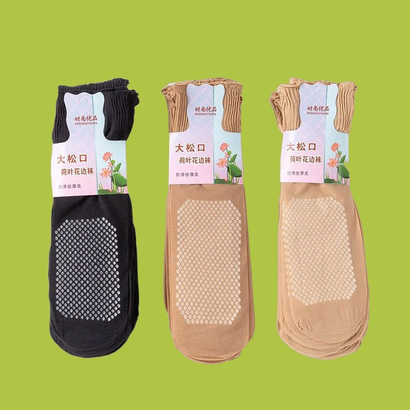 

6/12 Pairs Silk Breathable Socks Cotton Bottom Short Silk Socks Loose Mouth Lotus Leaf Edge Nourishing Massage Mid Tube Socks