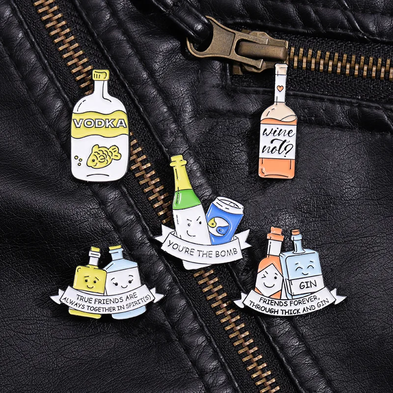 Ture Friends Are Always Together In Spirit Enamel Brooch Cartoon Vodka Bottle Beverage Bottle Lapel Badge Jewelry Gift Friends