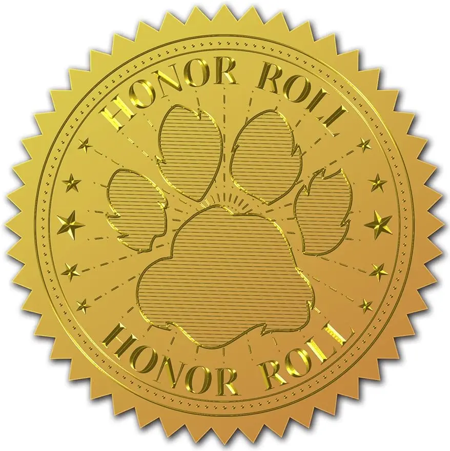 

50mm Gold Foil Sticker Honor Roll 100pcs Certificate Seals Gold Embossed Paw Print Round Embossed Foil Seal Stickers