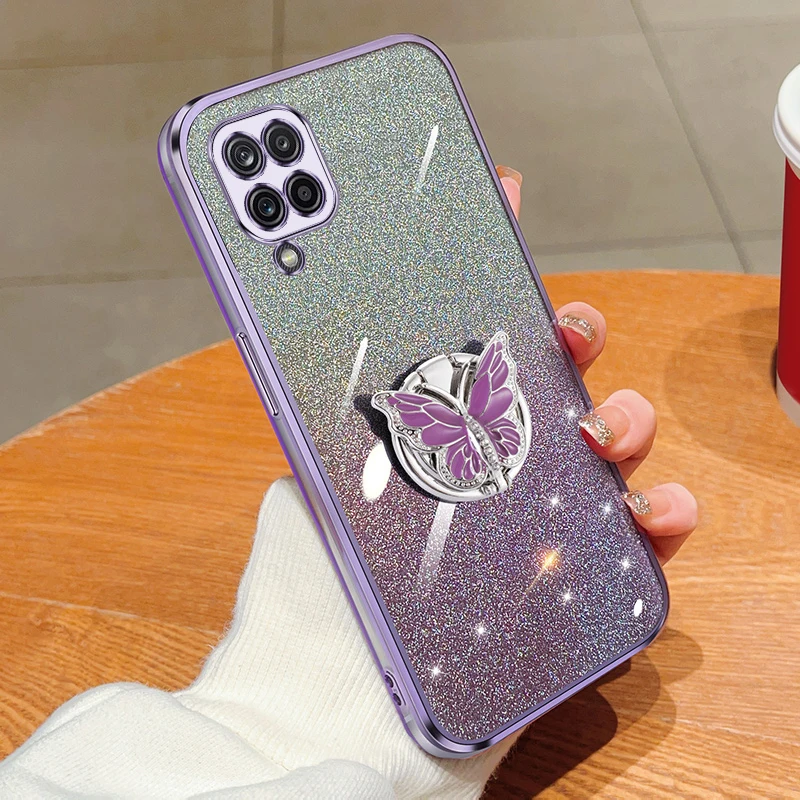 A12 Cover For Samsung Galaxy A12 M12 F12 Gradient Glitter Butterfly Bling Folding Stand Plating Back Case Cover Samsung A12 A 12