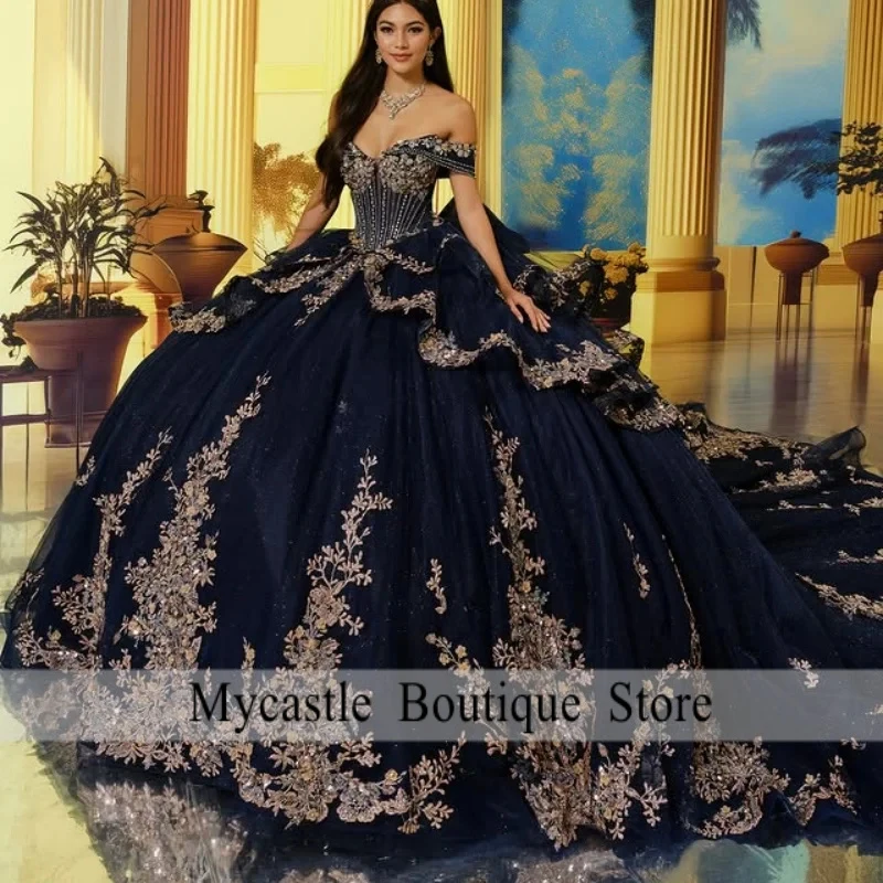 Shiny Black Quinceanera Dress Golden Sequins Decal Long tail  off-shoulder Layering Bow Vestidos De 15 Quinceanera ﻿Customize