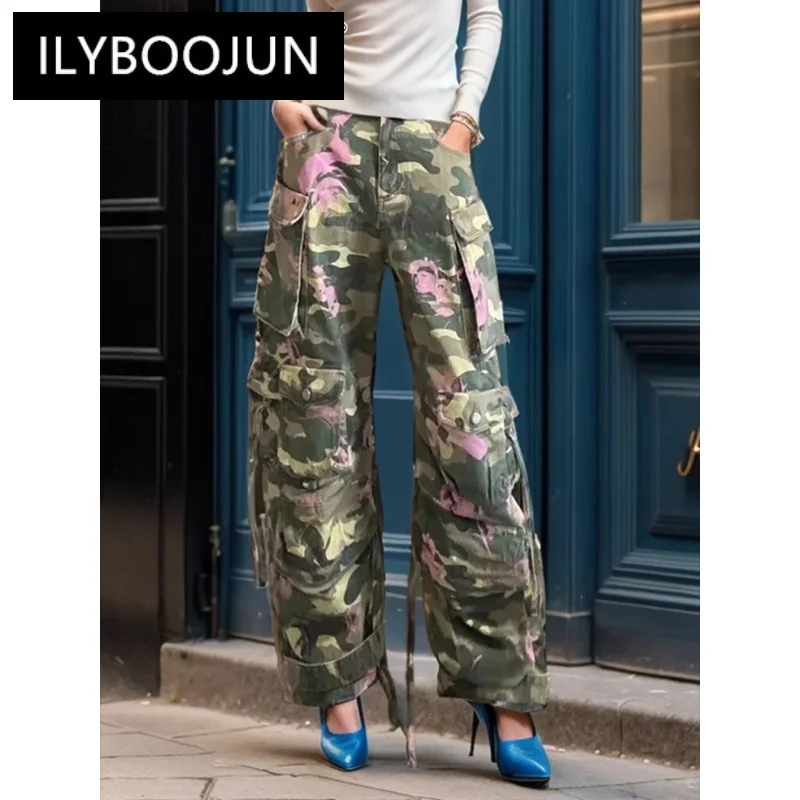 

Colorblock Loose Camouflage Pant For Women High Wiast Patchwork Pockets Streetwear Casual Cargo Pants Female Luxury Brand