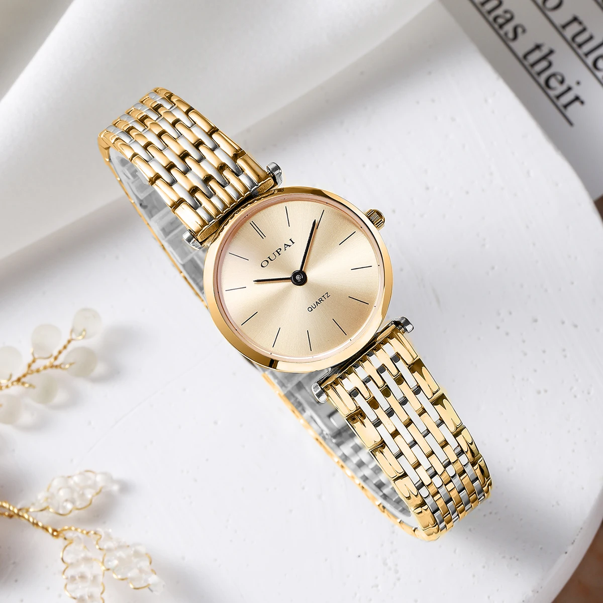 

OUPAI круглые женские кварцевые часы из нержавеющей стали, повседневные маленькие и изысканные женские часы со шкалой со стразами