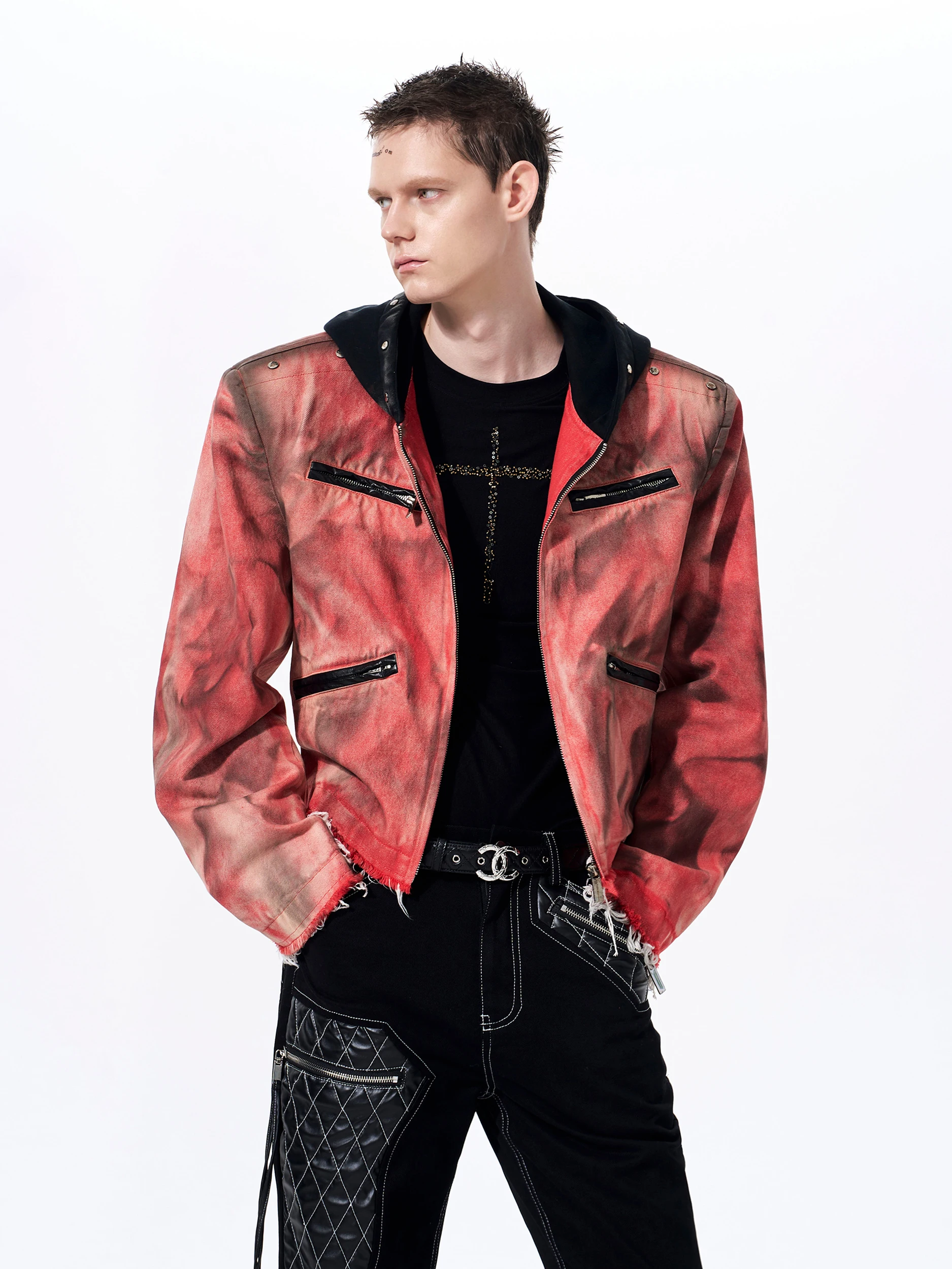

Hand-Painted Vintage Dirty Hooded Denim Jacket Men's Short American Style Punk Rock Cotton Spring Outerwear Breathable Youth