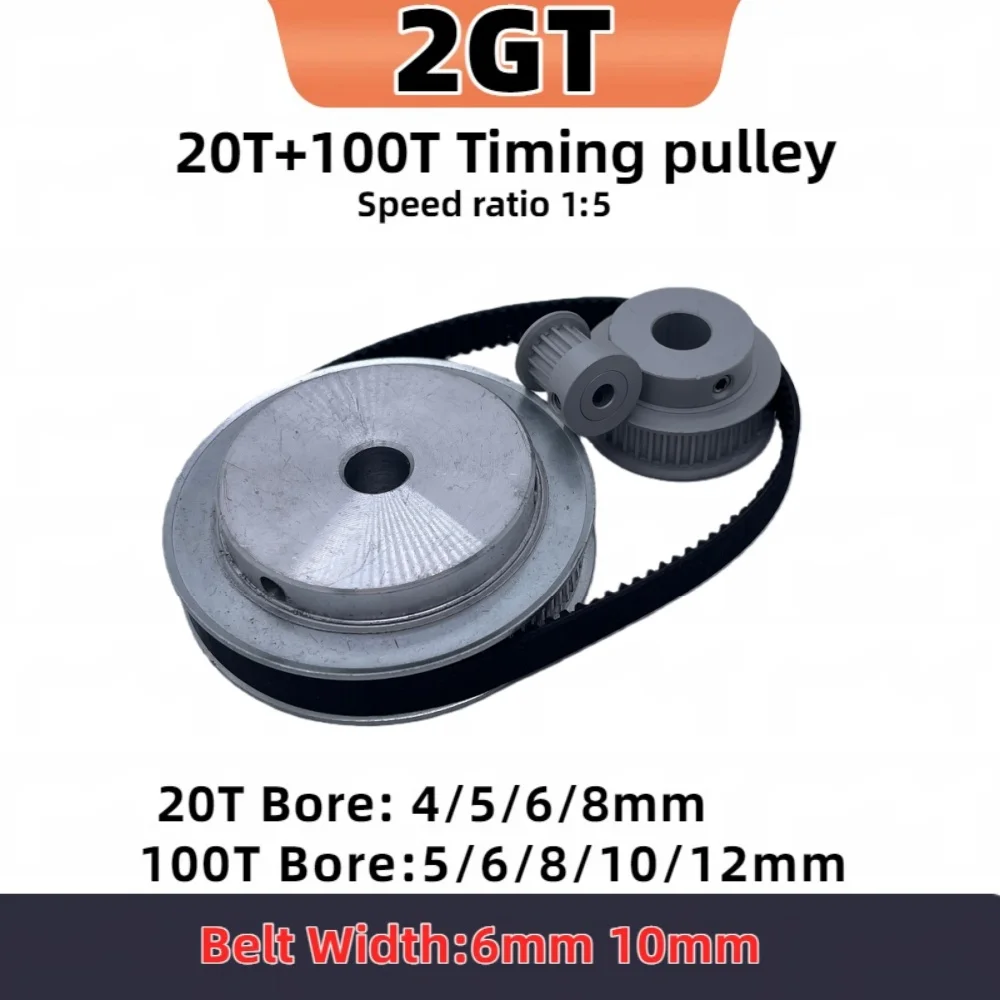 

20T 100T 2GT Timing Pulley Set Reduction 1:5 Belt Width 6mm 10mm20Teeth 100Teeth GT2 Synchronous Pulley Belt Kit 2GT Belt Pulley